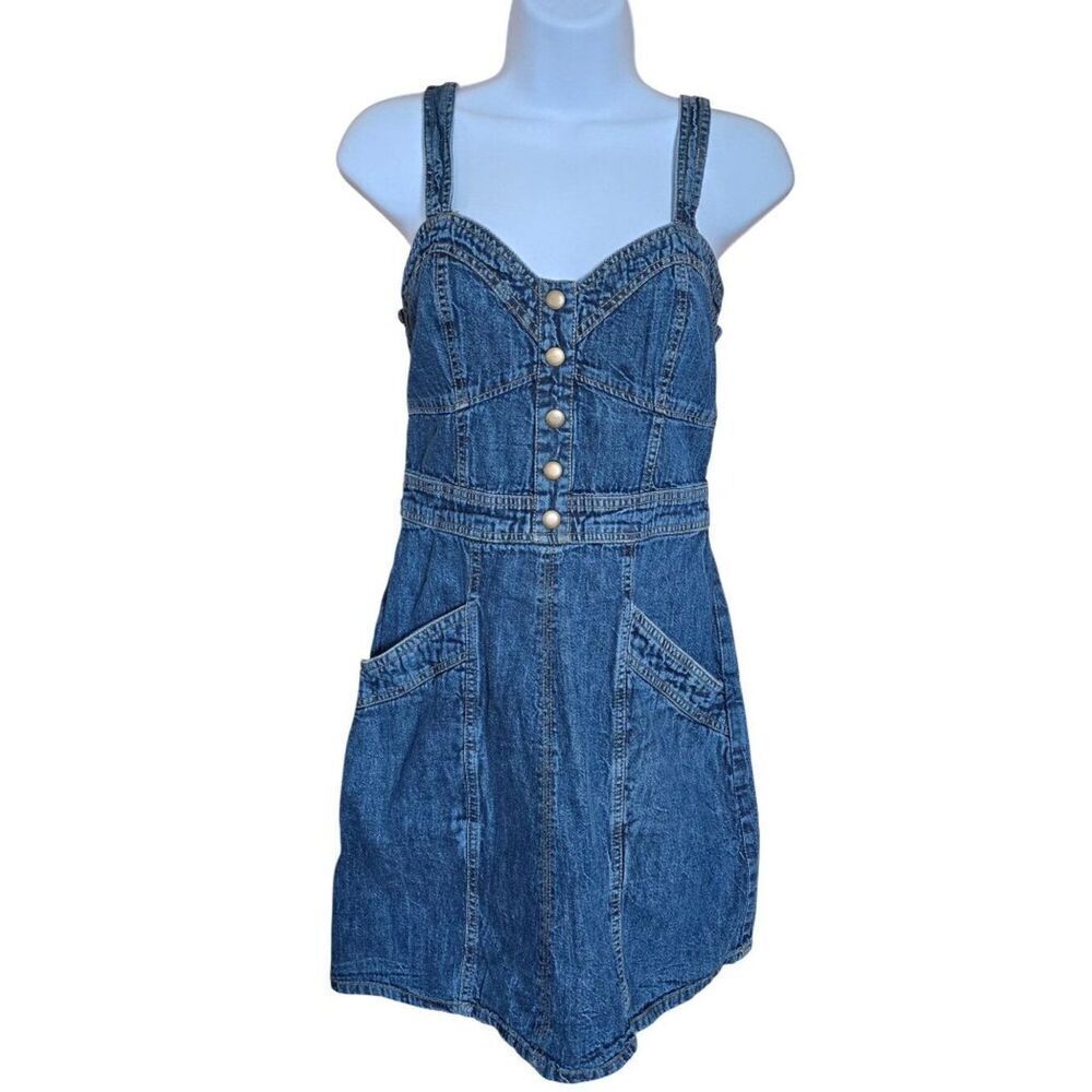 Denim Button-Up Mini Dress Sweetheart Neckline boho cottagecore biker chic